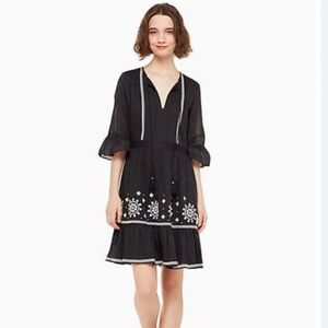 [Kate Spade] Mosaic Embroidered Peasant Textured Cotton Tassel Tie Dress